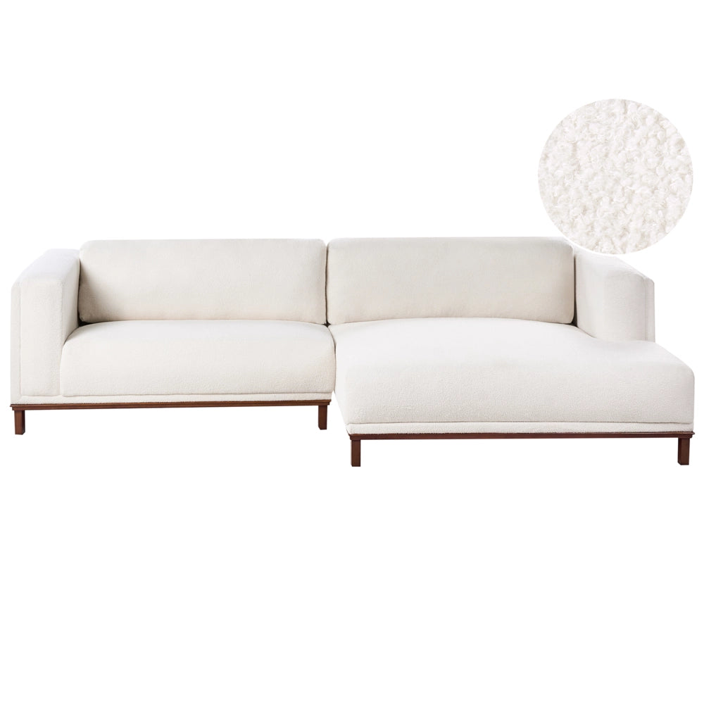 Divano angolare sinistro Tappezzato in tessuto poliestere bianco sporco Gambe in legno 4 posti Spesso imbottito Mobili da salotto in stile moderno