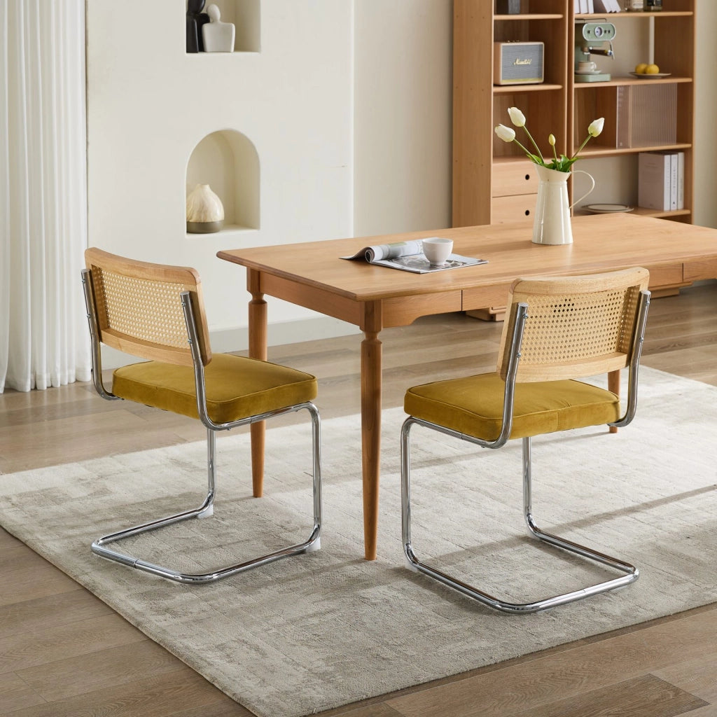 Sedie da Pranzo Set 2 Pezzi in Velluto con Schienale in Rattan ¨C MINIMAL ¨C Struttura Cromata, Oro