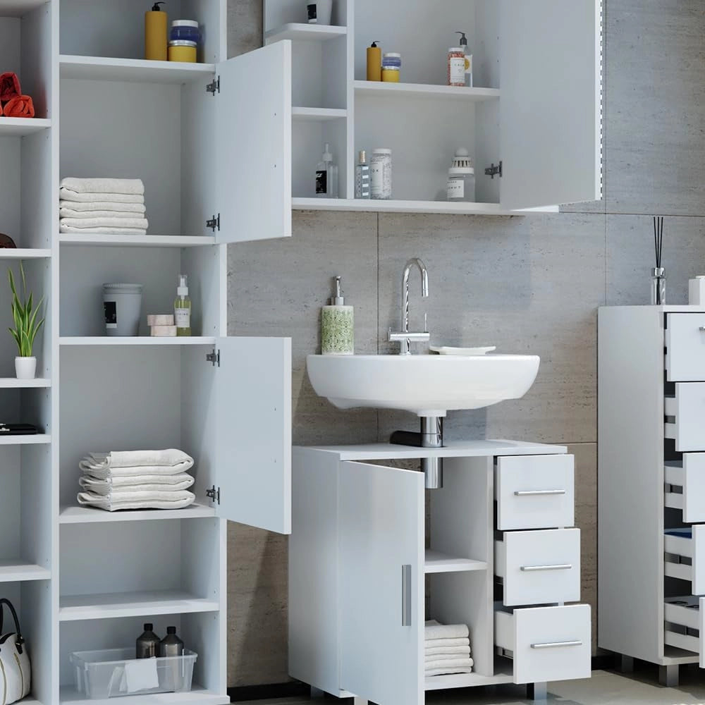 Set mobili bagno Ilias, Bianco, 60 cm, composto da mobile lavabo, pensile a specchio, colonna e base media
