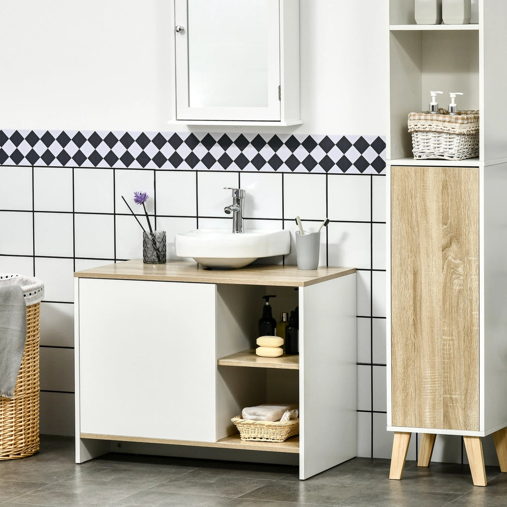 Mobile Bagno Sottolavabo con Armadietto e 2 Mensole in Legno, 77x45x60 cm, Bianco e Legno