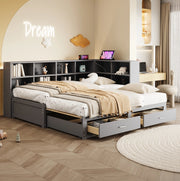 Letto singolo estraibile in legno con contenitori, cassetti e presa multifunzione