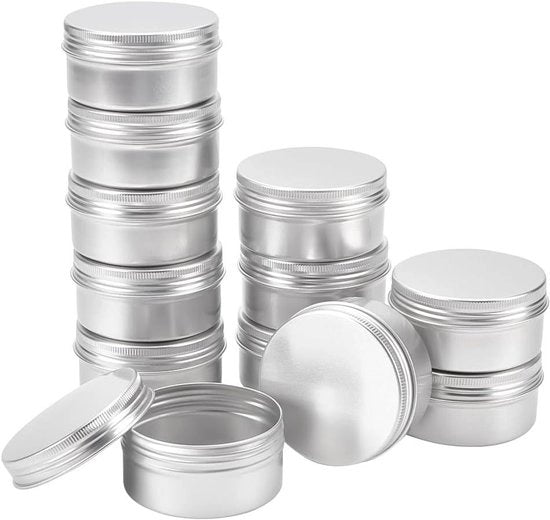 Set di 12 contenitori in alluminio 80 ml – Contenitore di cosmetici con coperchio a vite per viaggi e artigianato – Rond, platino