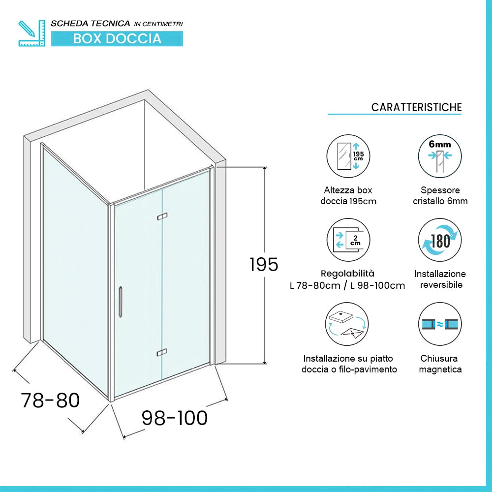 Box doccia angolare a soffietto 80x100 in vetro temperato trasparente con profili cromo Neos