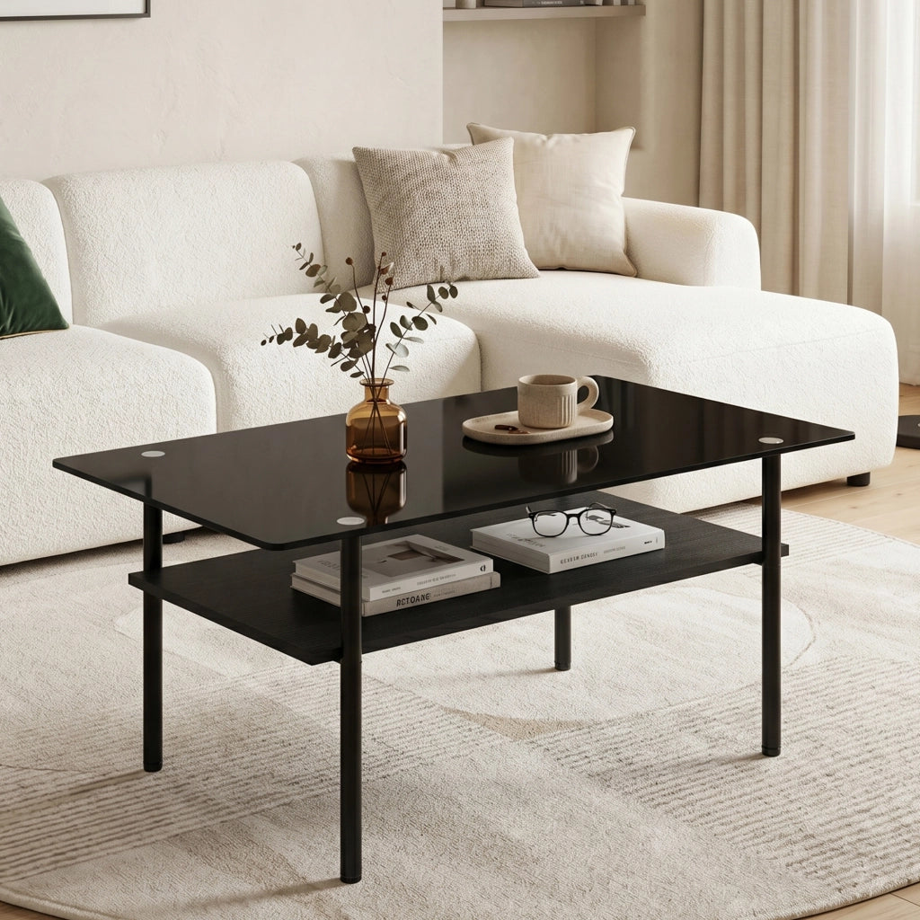 Tavolino basso con piano in vetro nero e ripiano in MDF, struttura in metallo, per soggiorno, 98 × 58 × 45 cm