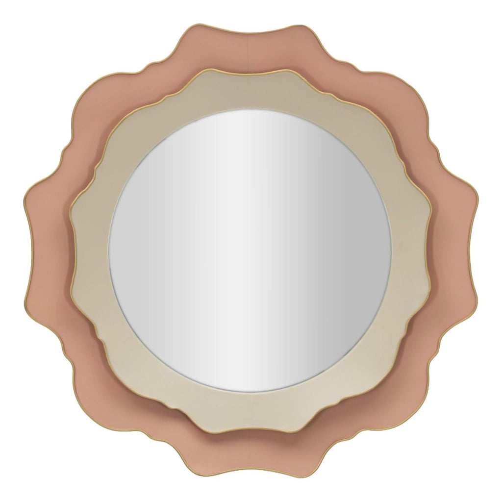 Specchio da parete rotondo con cornice sagomata color crema e rosa