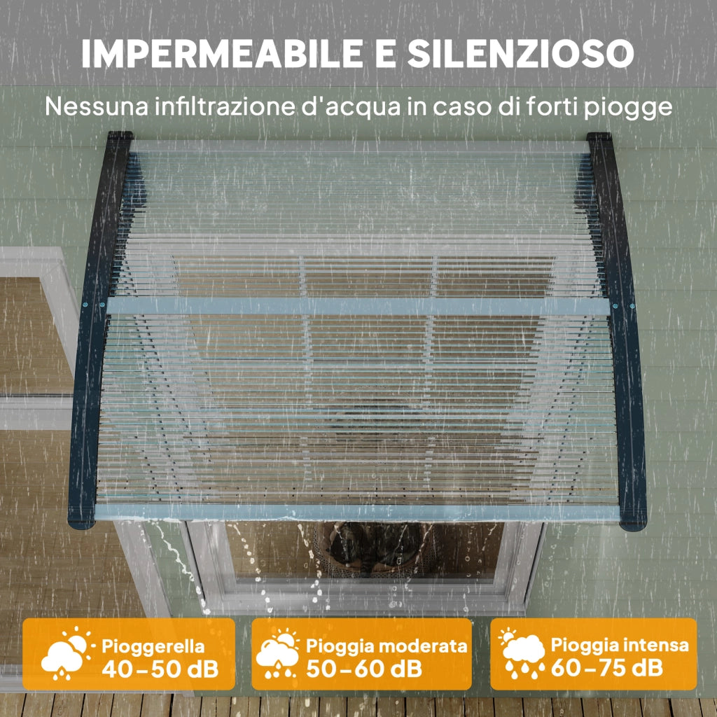Pensilina da Esterni Impermeabile e Anti-UV, in PC, PP e Alluminio, 75x100x23 cm, Trasparente e Nero