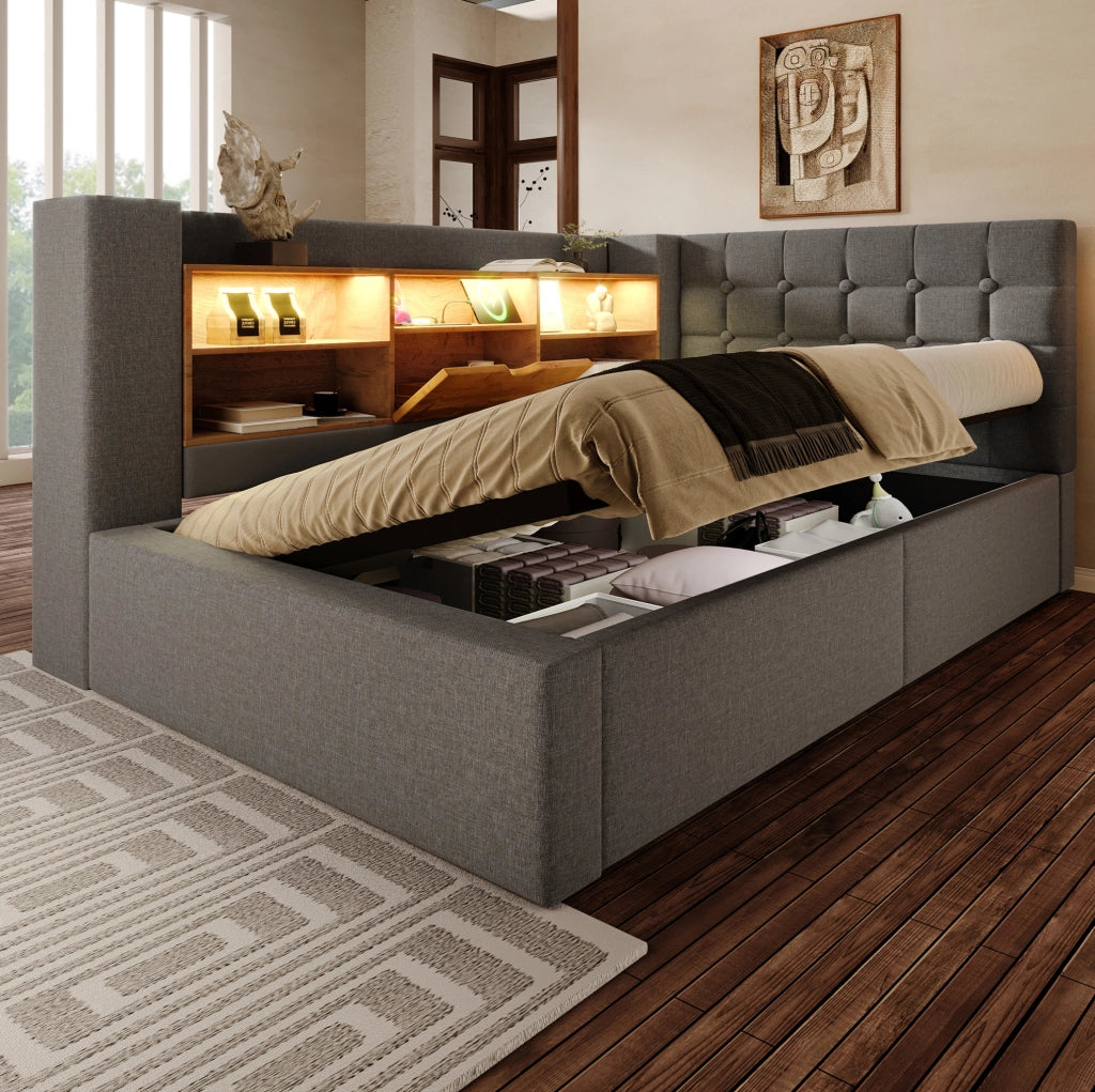 Letto singolo 90x190 cm con LED; contenitore idraulico; testiera a L reversibile; grigio