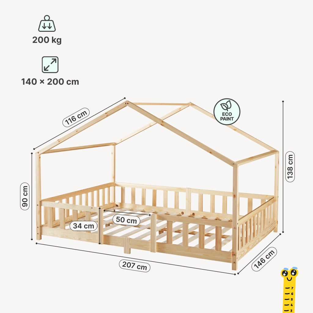 Letto per Cameretta Treviolo a Forma di Casetta in Stile Montessori 140x200 cm Naturale [en.casa]