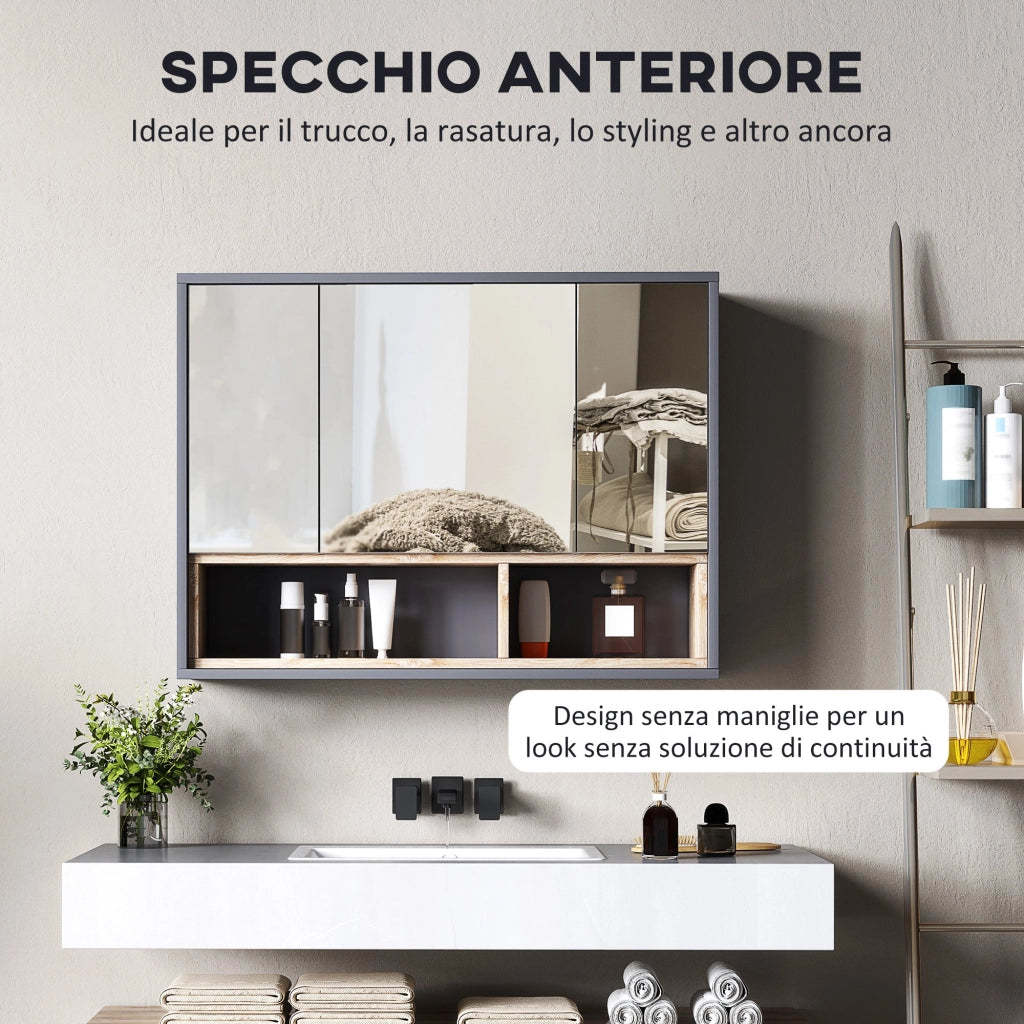 Pensile da Bagno con Armadietto 3 Ante Ammortizzate 80x20x60 cm Grigio