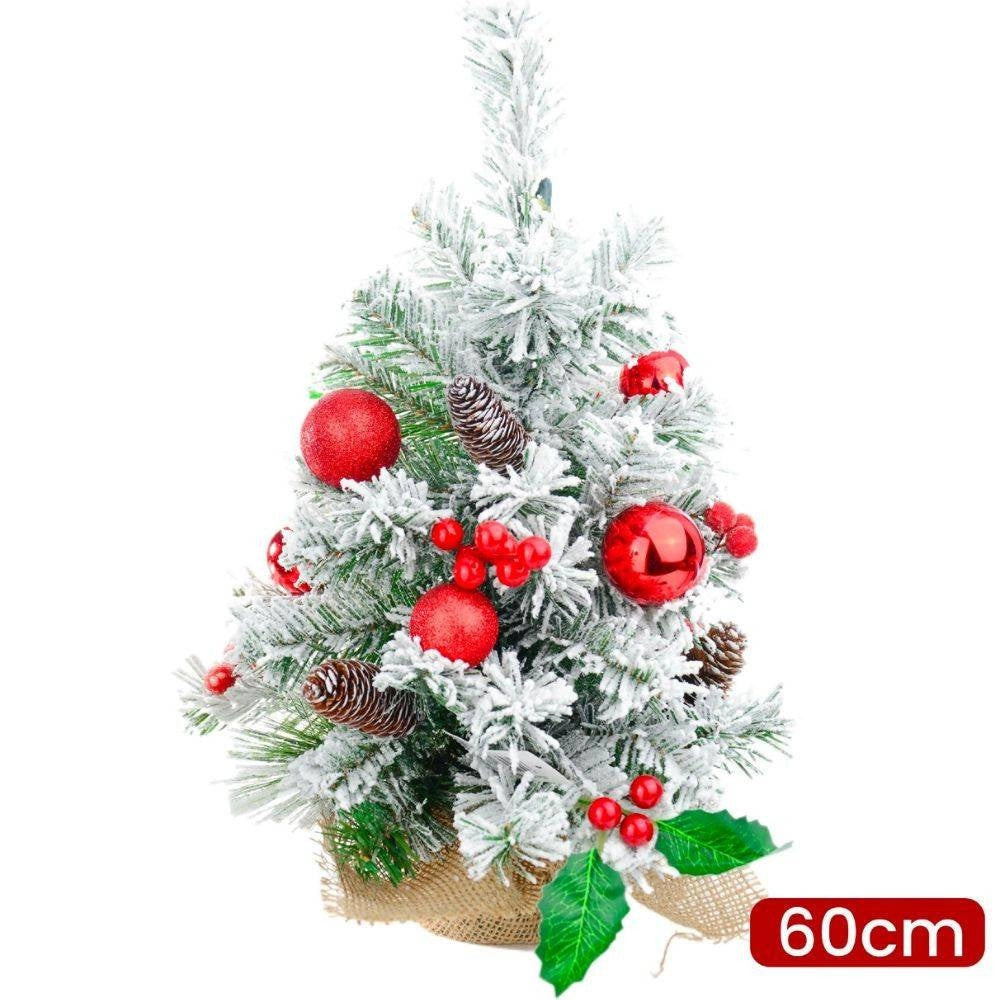Trade Shop - Albero Di Natale Effetto Innevato Dim. 60 Cm Con Decori Rossi Pigne Neve -