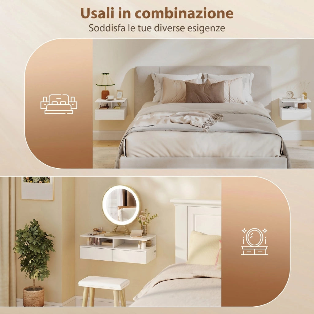 Set di 2 Comodini Sospesi Camera da Letto con Ricarica USB e Type-C, 40x35x30 cm, Bianco