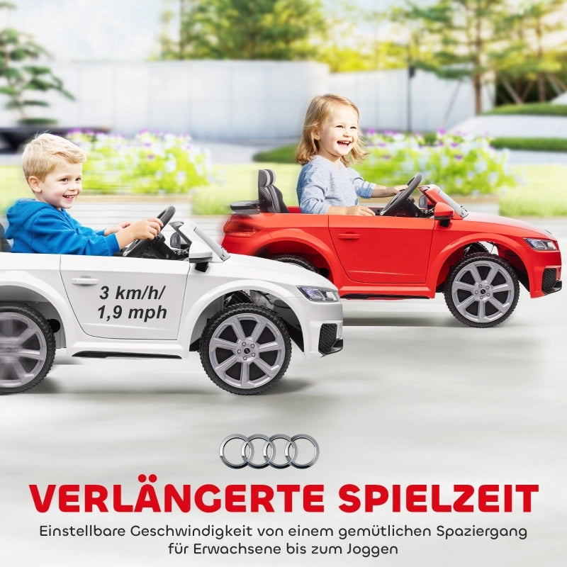 Auto elettrica per bambini, Audi TT RS Roadster, 3 km/h, telecomando, LED, USB, bianca