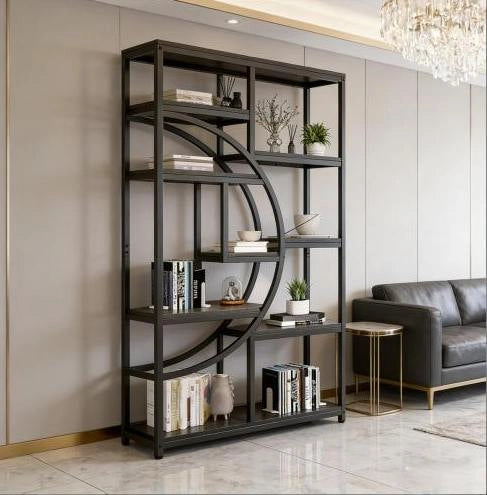 Libreria moderna in metallo nero con mensole rustiche, 9 ripiani aperti, versatile e autoportante
