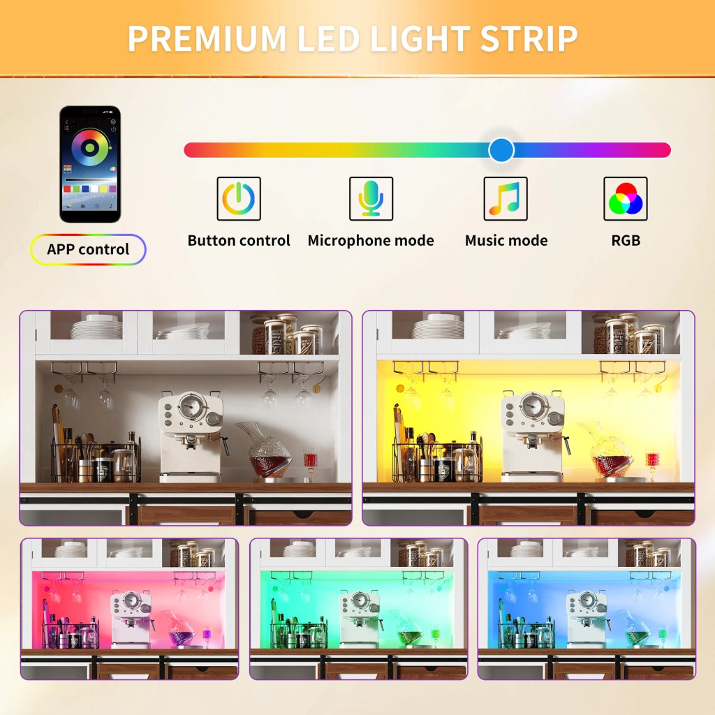 Armadio alto moderno bianco con illuminazione LED e controllo app, credenza con anta scorrevole e 3 cassetti, per cucina o sala da pranzo