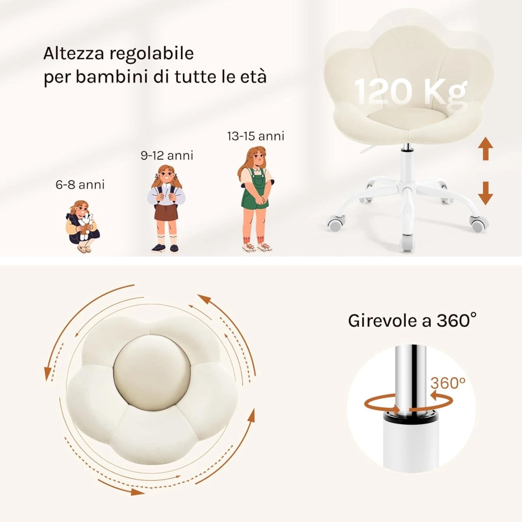 Sedia da Scrivania per Bambini, Sedia Ufficio Ergonomica Girevole e Regolabile in Altezza con Rotelle, Seduta a Forma di Fiore per Studio, Camera da Letto, Velluto, Beige