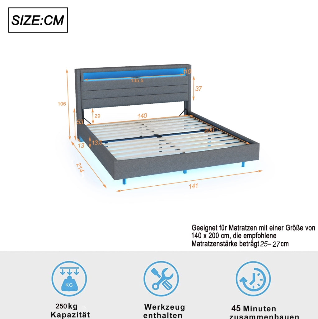 Letto imbottito matrimoniale 140x200 cm con USB; LED e testiera contenitore grigio