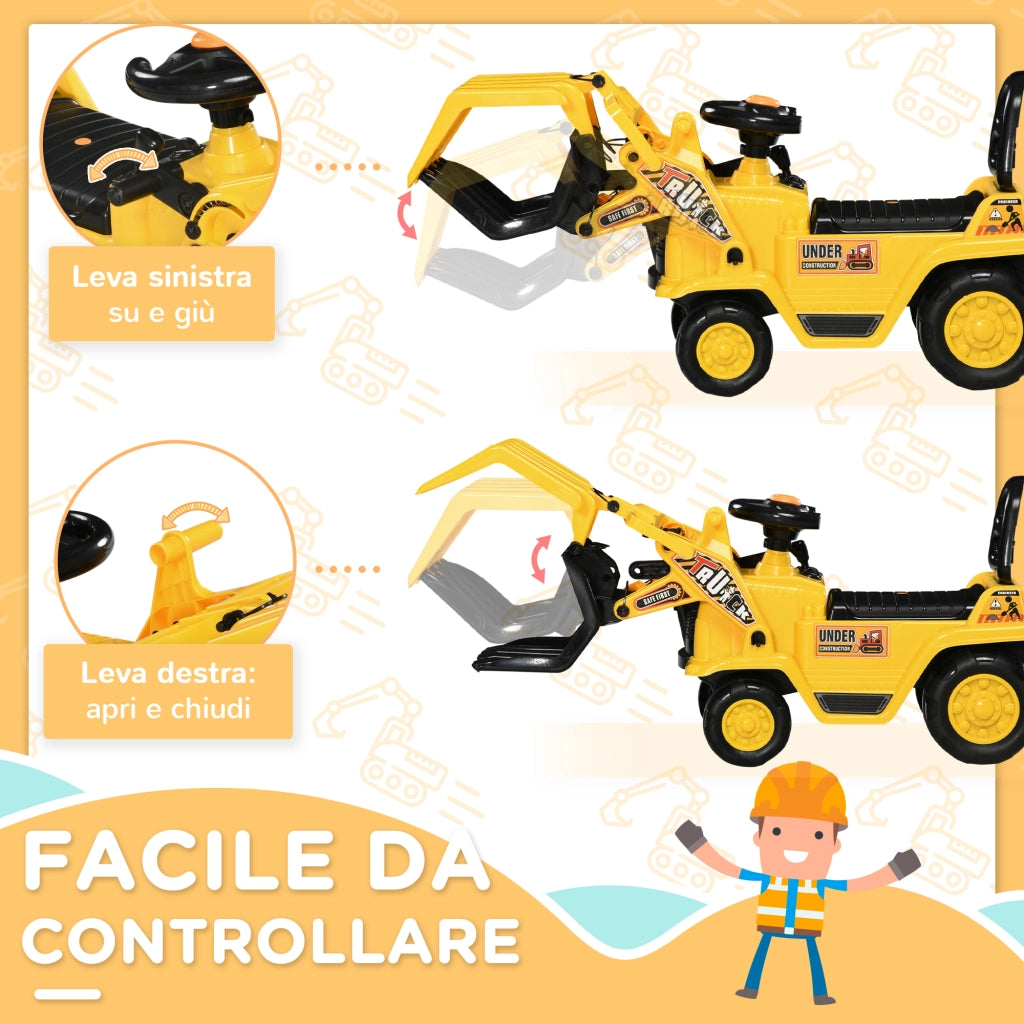 Escavatore per Bambini 2-4 Anni con Pinza, Pulsante per Suoni e Spazio Portaoggetti, 83x27x39 cm, Giallo e Nero