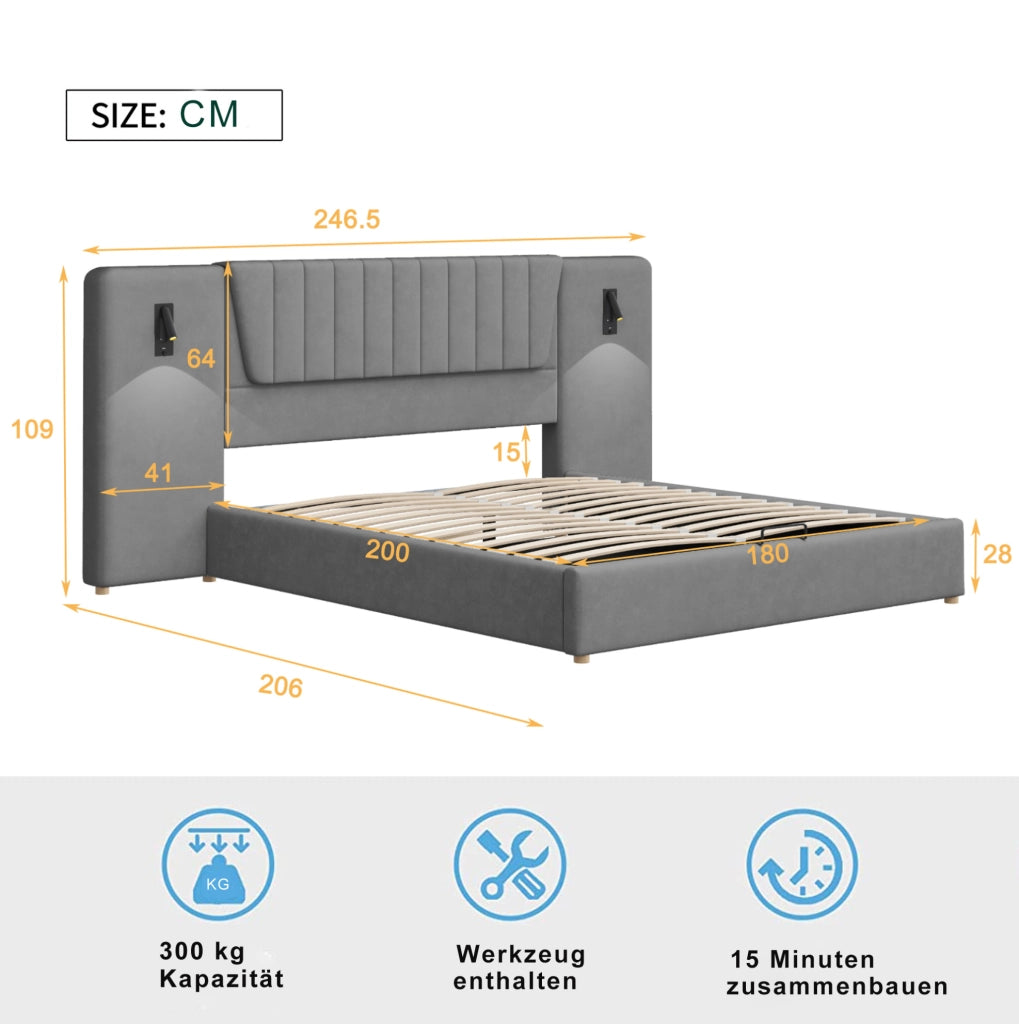 Letto imbottito matrimoniale 180x200 cm in velluto grigio con luci LED e contenitore