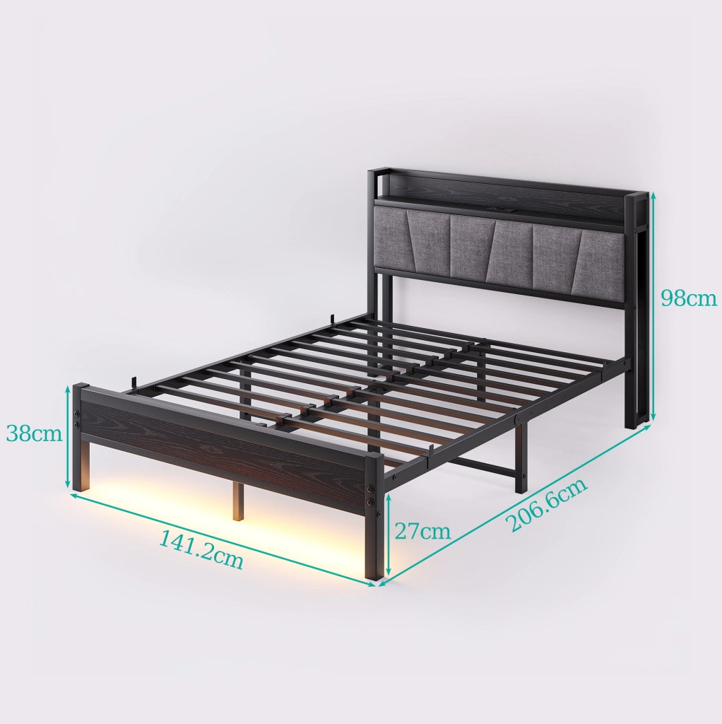 Letto ULEVR 140x190 cm con testiera contenitore, LED, 2 USB e presa, struttura in metallo e MDF nera