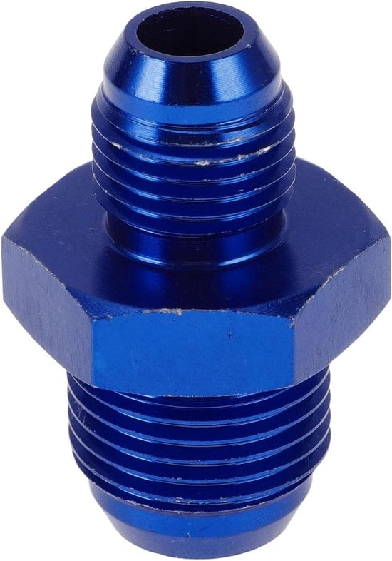 Adattatore di connettore per riduzione di flare maschio da AN6 a AN8 per tubo di carburante in alluminio blu.
