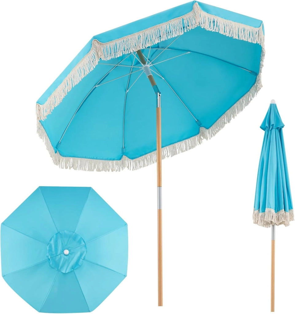 Ombrellone da Spiaggia 180 cm, Inclinabile Regolabile 30°, Palo in Legno, 8 Stecche in Fibra di Vetro, Ombrellone per Giardino, Piscina, Terrazza (Blu)