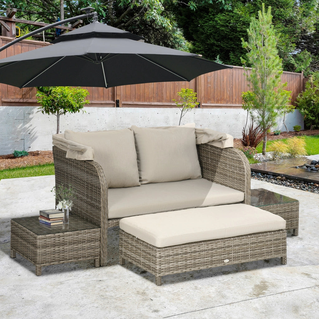 Set divano da giardino 4 pezzi 2 posti + poggiapiedi + 2 tavolini con cuscini beige marrone ¨C Xylo