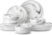 Set di Piatti e Piattini in Poro - 12 pezzi, Grigio Marmo, Servizio per 4 persone, Ceramico, Resistenti al Lavastoviglie e al Microonde