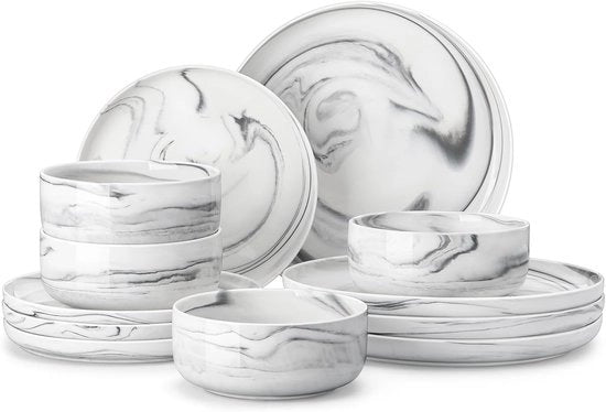 Set di Piatti e Piattini in Poro - 12 pezzi, Grigio Marmo, Servizio per 4 persone, Ceramico, Resistenti al Lavastoviglie e al Microonde
