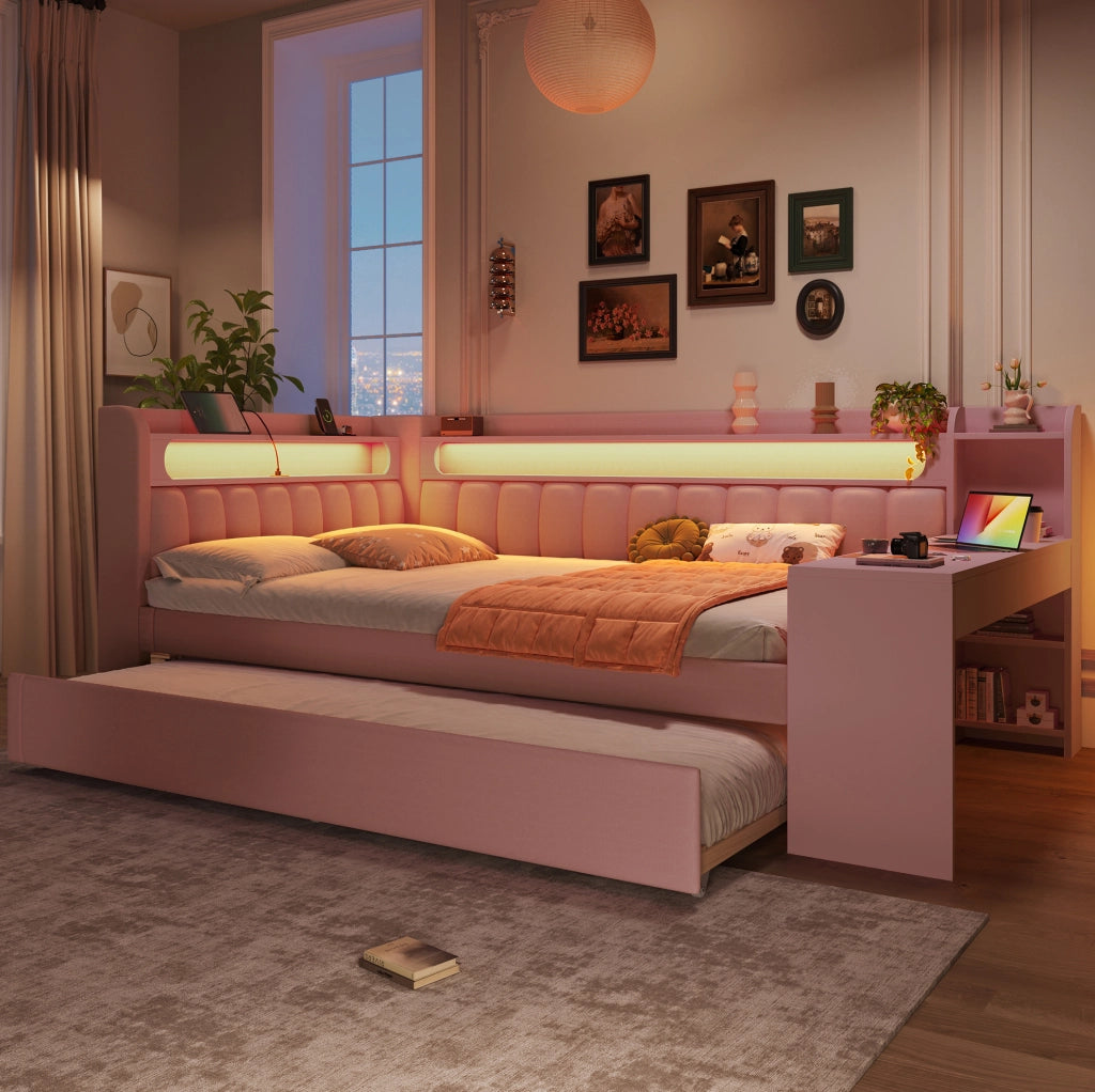 Letto da giorno 140x200 cm rosa con USB, LED, letto estraibile e scrivania integrata