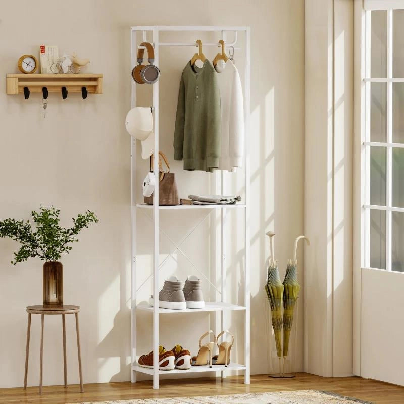 APPENDIABITI CON SCARPIERA A 2 LIVELLI, BARRA APPENDI ABITI, 4 GANCI, MENSOLA SUPERIORE, 52X30X180 CM, BIANCO