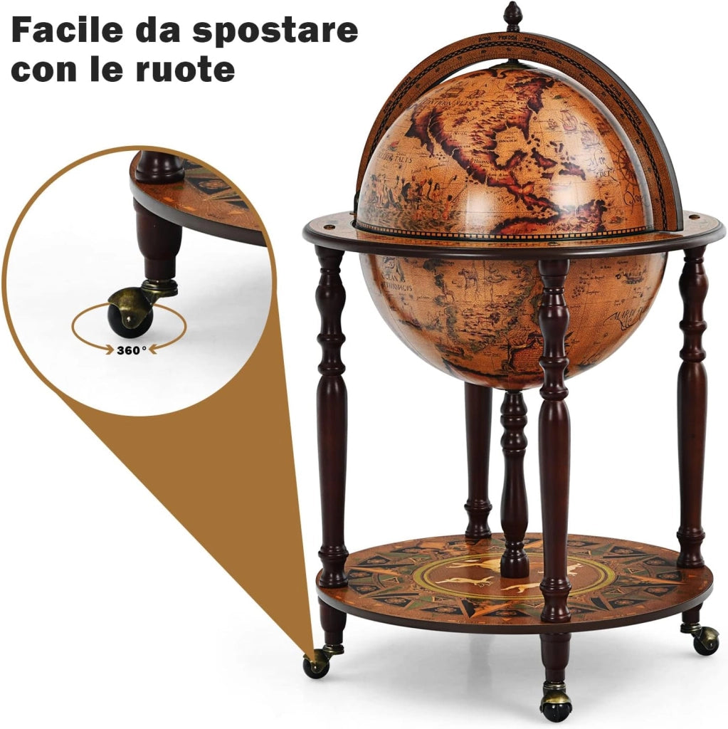 Porta Liquori Mappamondo, Portavino con Ruote, Credenza per Vino con Stile Retrò per Bar Sala da Pranzo e Salone, Diametro 45 cm