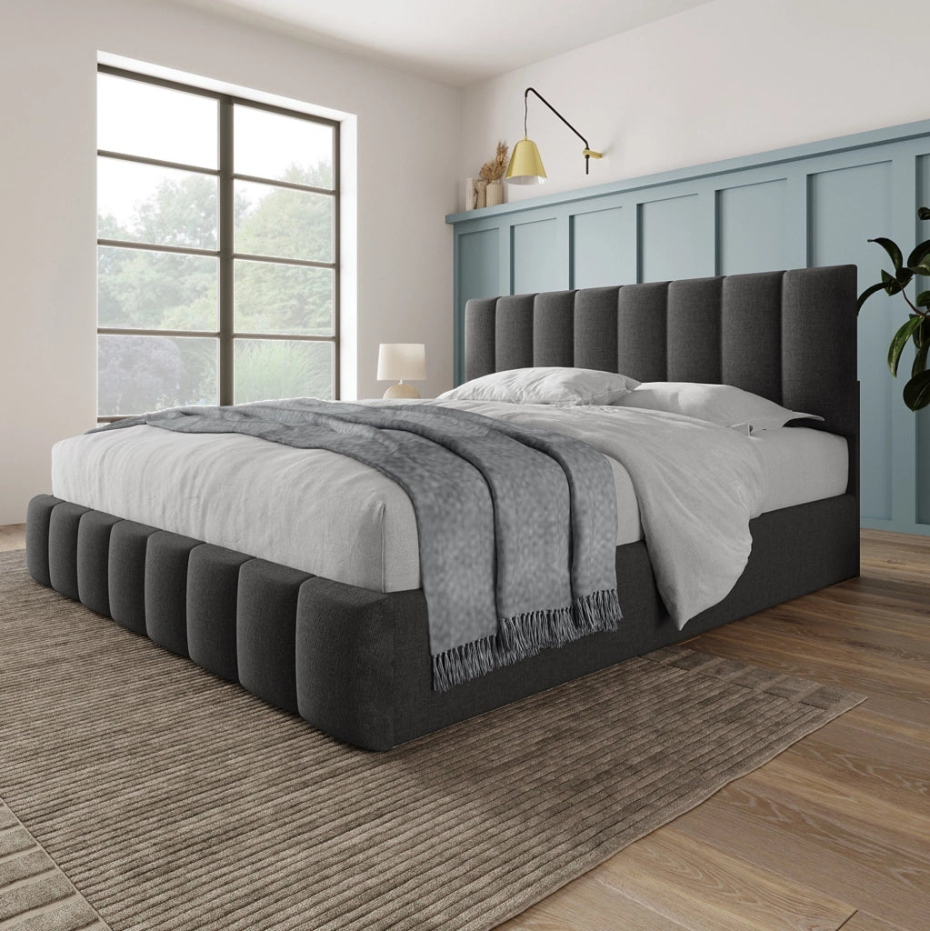 Letto matrimoniale imbottito 140x200 cm grigio con contenitore, rete e materasso H3