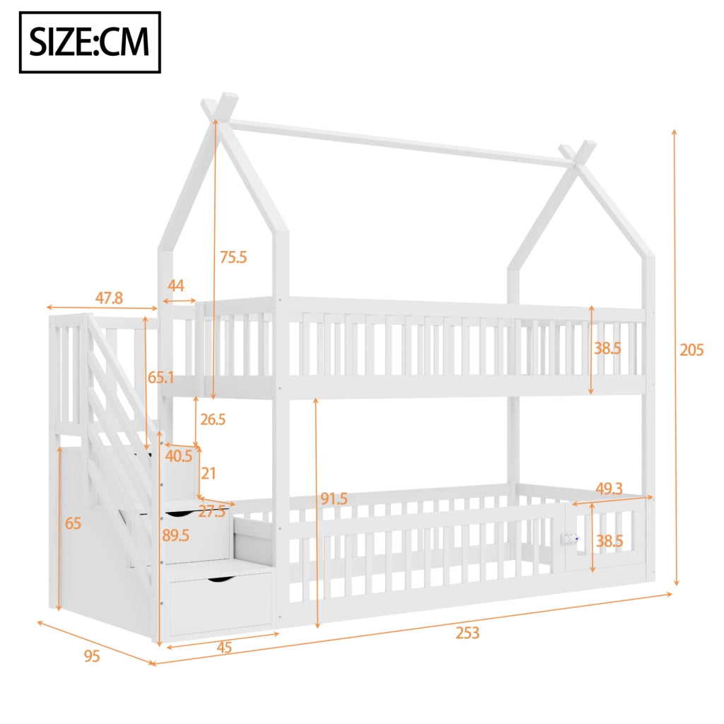 Letto a castello per bambini 90x200 cm con scala e cassetti