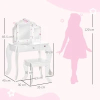 Toeletta per Bambini con Sgabello, Tavolo Trucco con Triplo Specchio e Cassetto, 63x40x85.5cm, Bianco