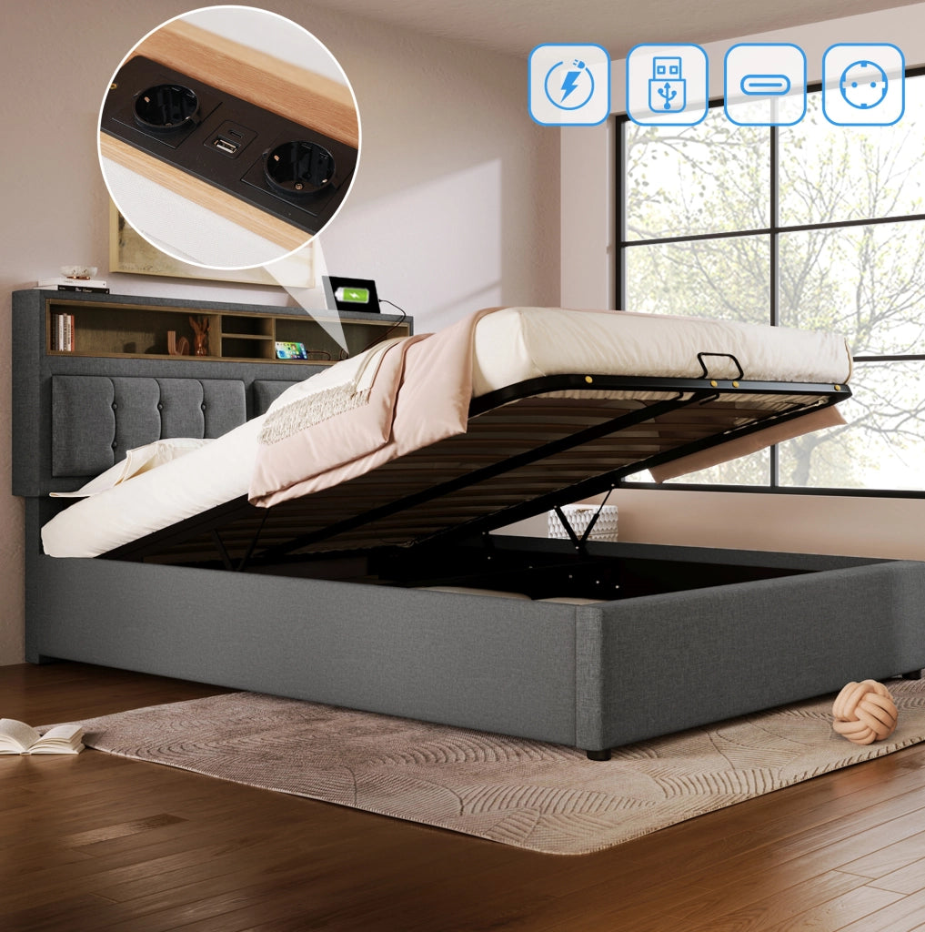 Letto matrimoniale imbottito 160x200 cm con contenitore; testiera regolabile e USB/Type-C; grigio in lino con materasso