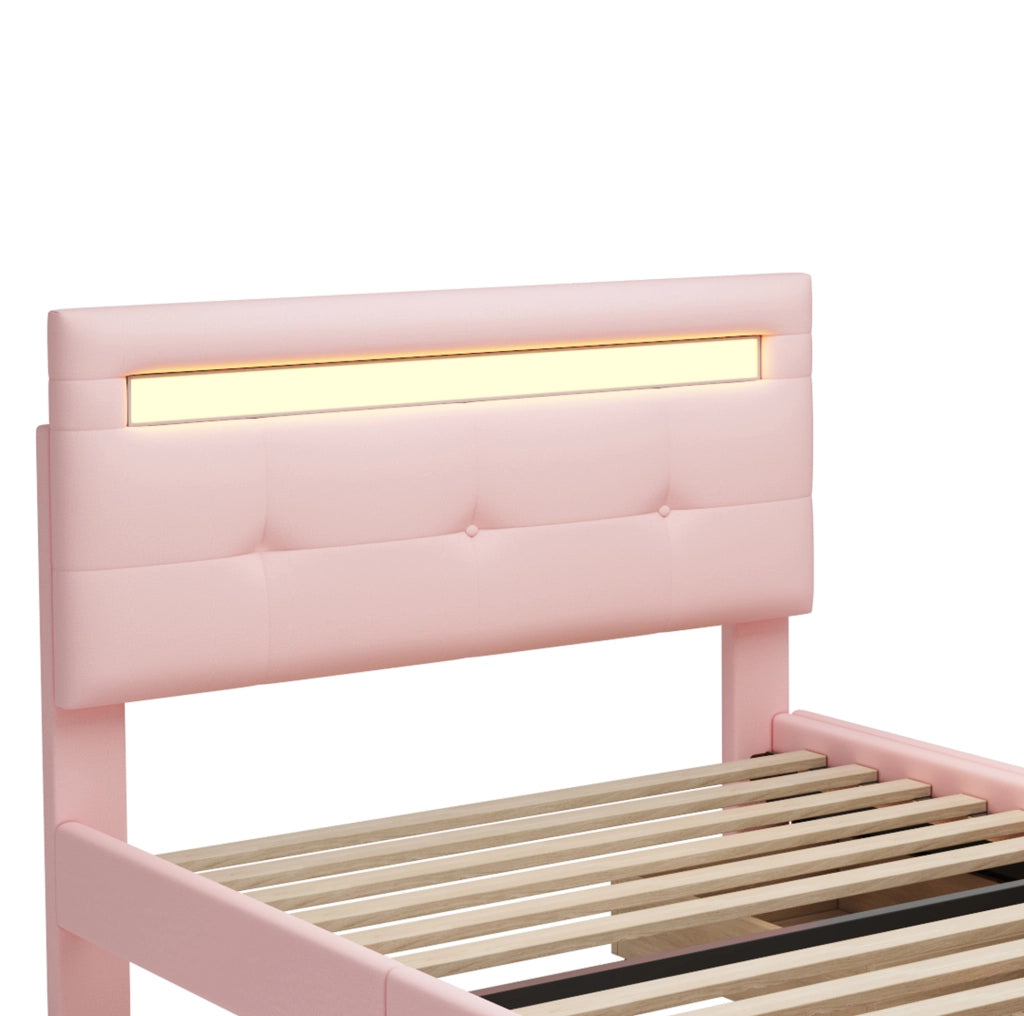 Letto singolo imbottito 90x200 cm con LED e 2 cassetti rosa