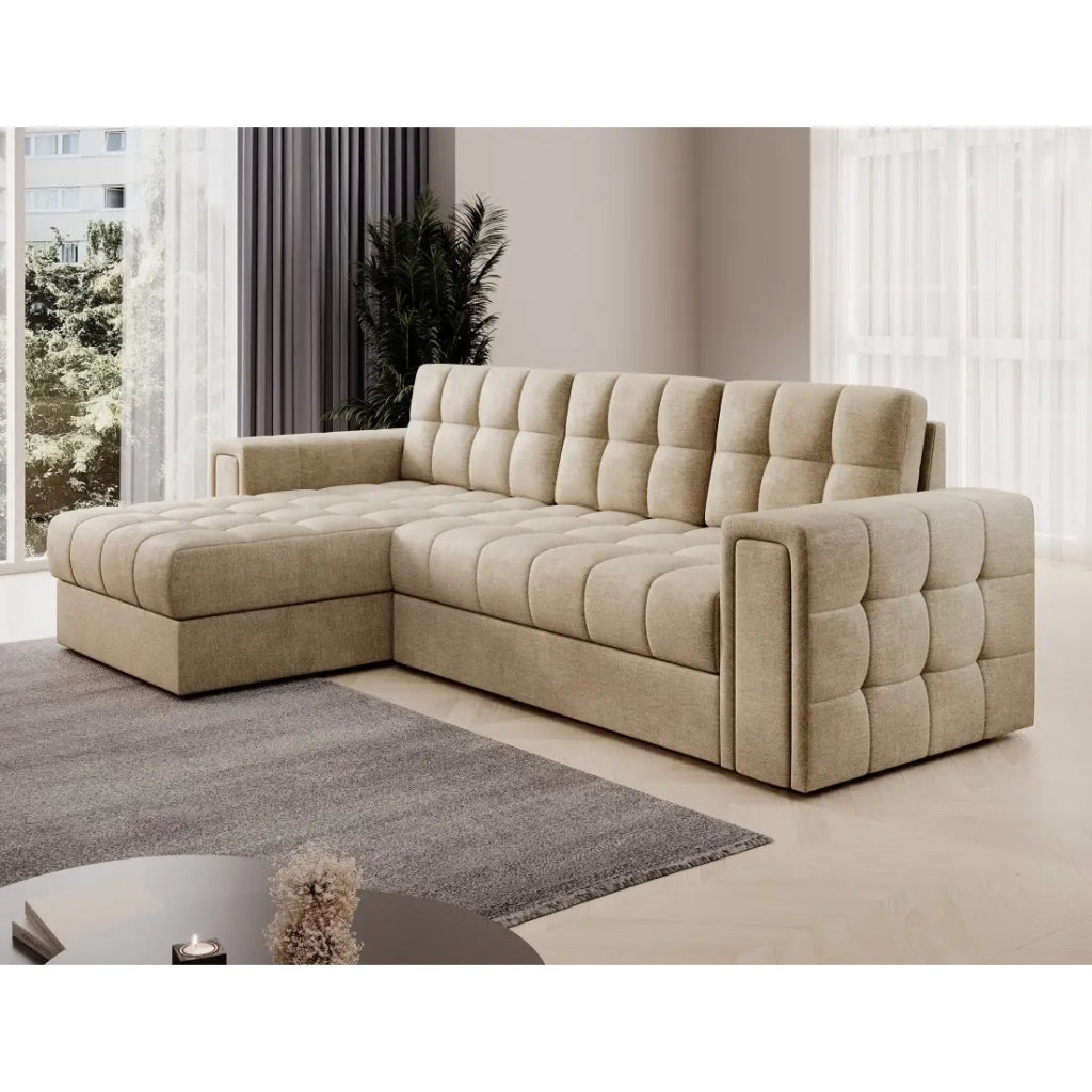 Divano angolare convertibile KAPITARA beige reversibile con vano contenitore