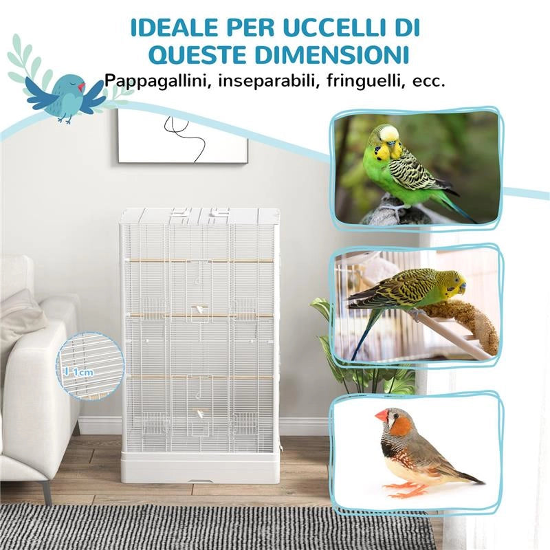 GABBIA PER UCCELLI CON VASSOIO ESTRAIBILE E POSATOI, VOLIERA PER PAPPAGALLI, 61X36.5X98 CM, BIANCO