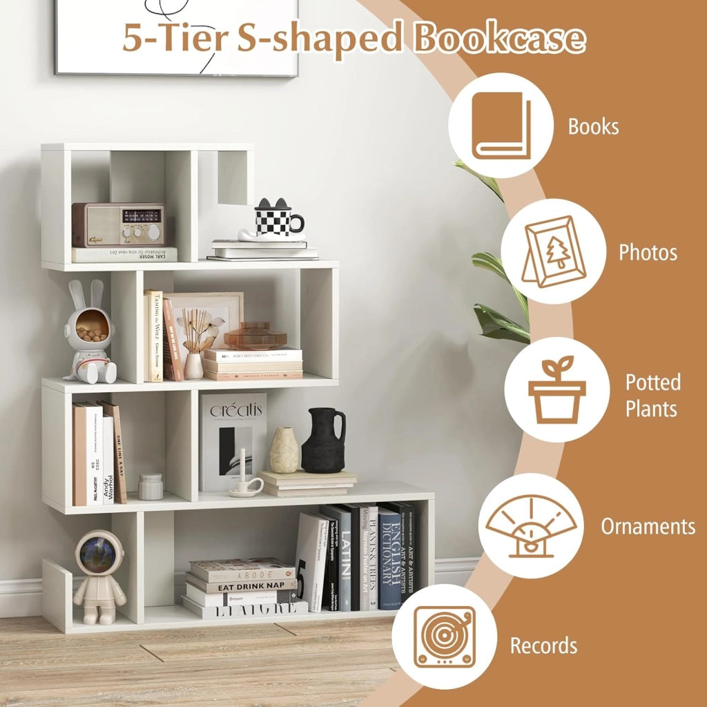 Libreria a forma di S con 5 ripiani, divisorio per soggiorno e ufficio, libreria in legno, 80 x 22 x 100 cm (bianco)