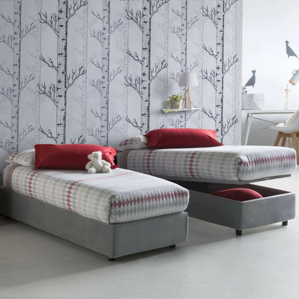 Letto singolo Aquolina, Letto contenitore con rivestimento in tessuto, Made in Italy, Apertura frontale, adatto per materasso cm 80x190, Grigio