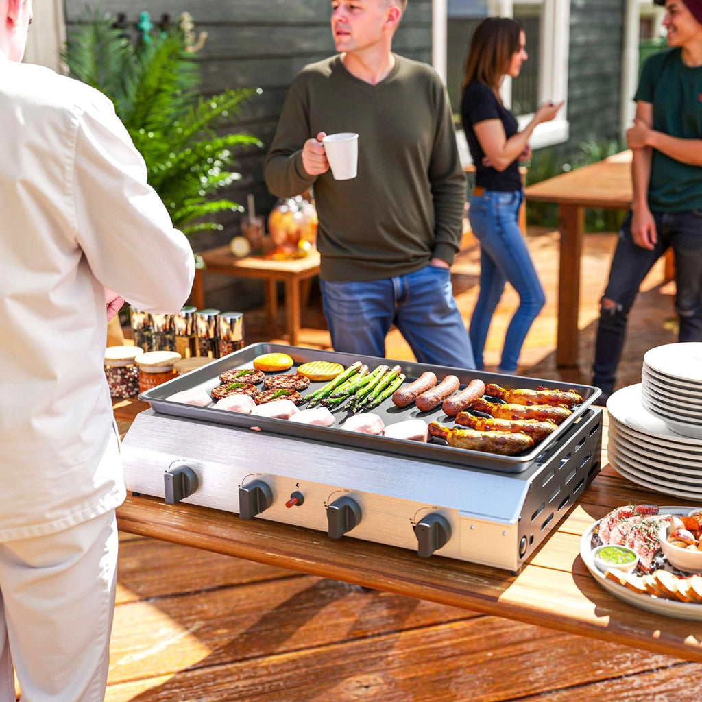 Piastra Barbecue a Gas 77x44,5x19 cm con 4 Bruciatori da 2,4 kw e Piano Antiaderente Argento