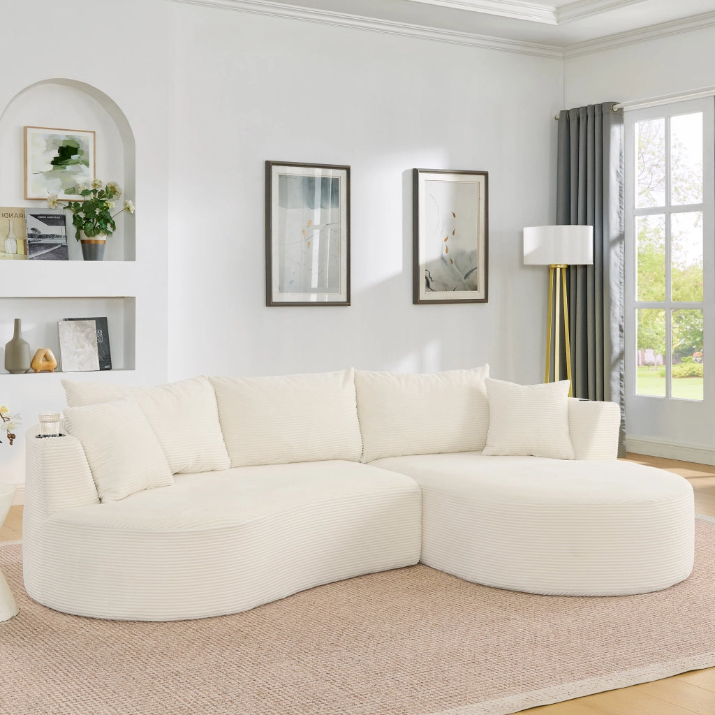 Divano Angolare 3 Posti con Chaise Longue ¨C MINIMAL ¨C Tessuto a Coste, Beige, con Cuscini e Portabicchieri