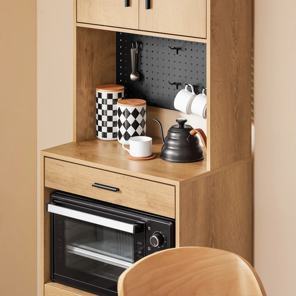 SoBuy Credenza alta da cucina con pegboard Ripiano per microonde e ampio spazio contenitivo Mobile multiuso vintage Naturale 60x40x170 cm FSB98-N