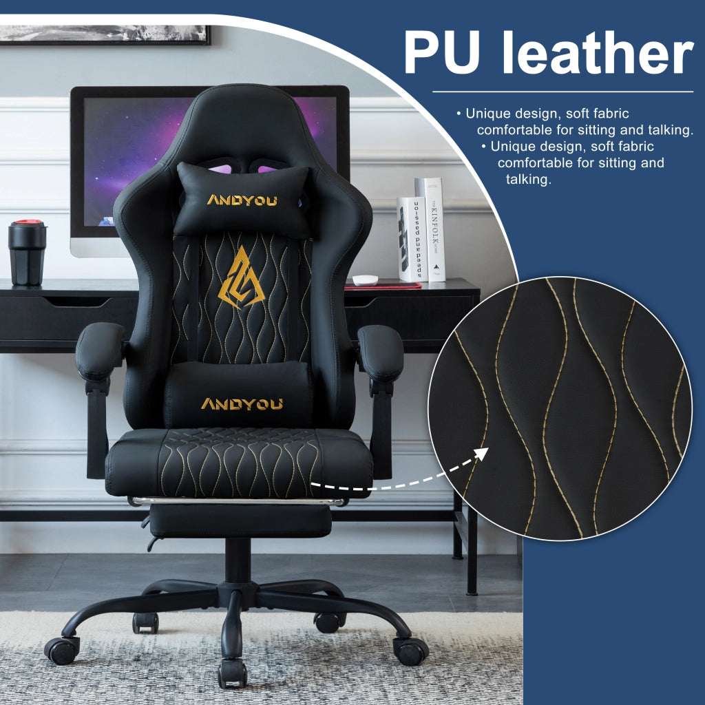 Sedia da Gaming con Poggiapiedi ¨C Zephmum ¨C Nero, Pelle Sintetica