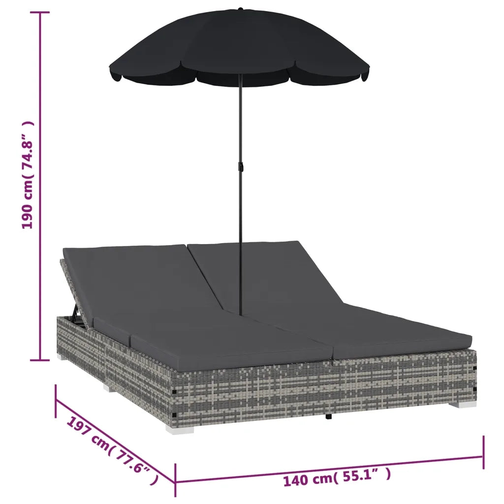 Lettino Prendisole con Ombrellone in Polyrattan Grigio 48125
