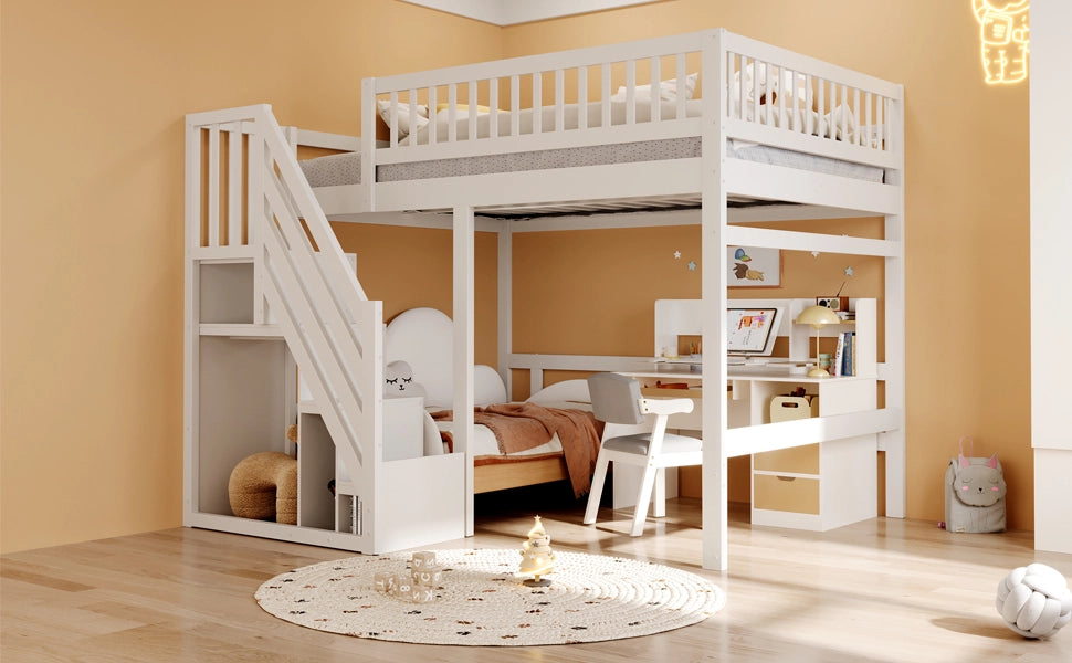 DESMIU Letto a soppalco 2 posti con scala contenitore e sponde alte 140 × 200 cm, senza materasso, bianco