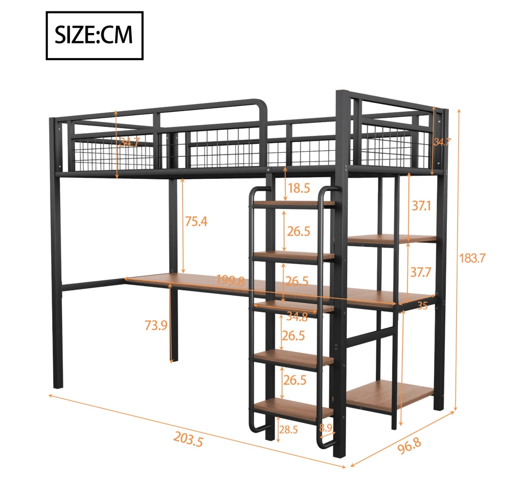 Letto a soppalco in metallo 90x200 cm nero con scrivania; ripiani e scala con gradini