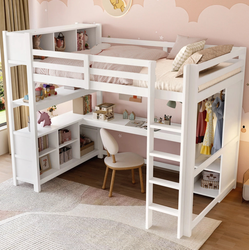 Letto a soppalco 140x200 cm con scrivania e armadio bianco