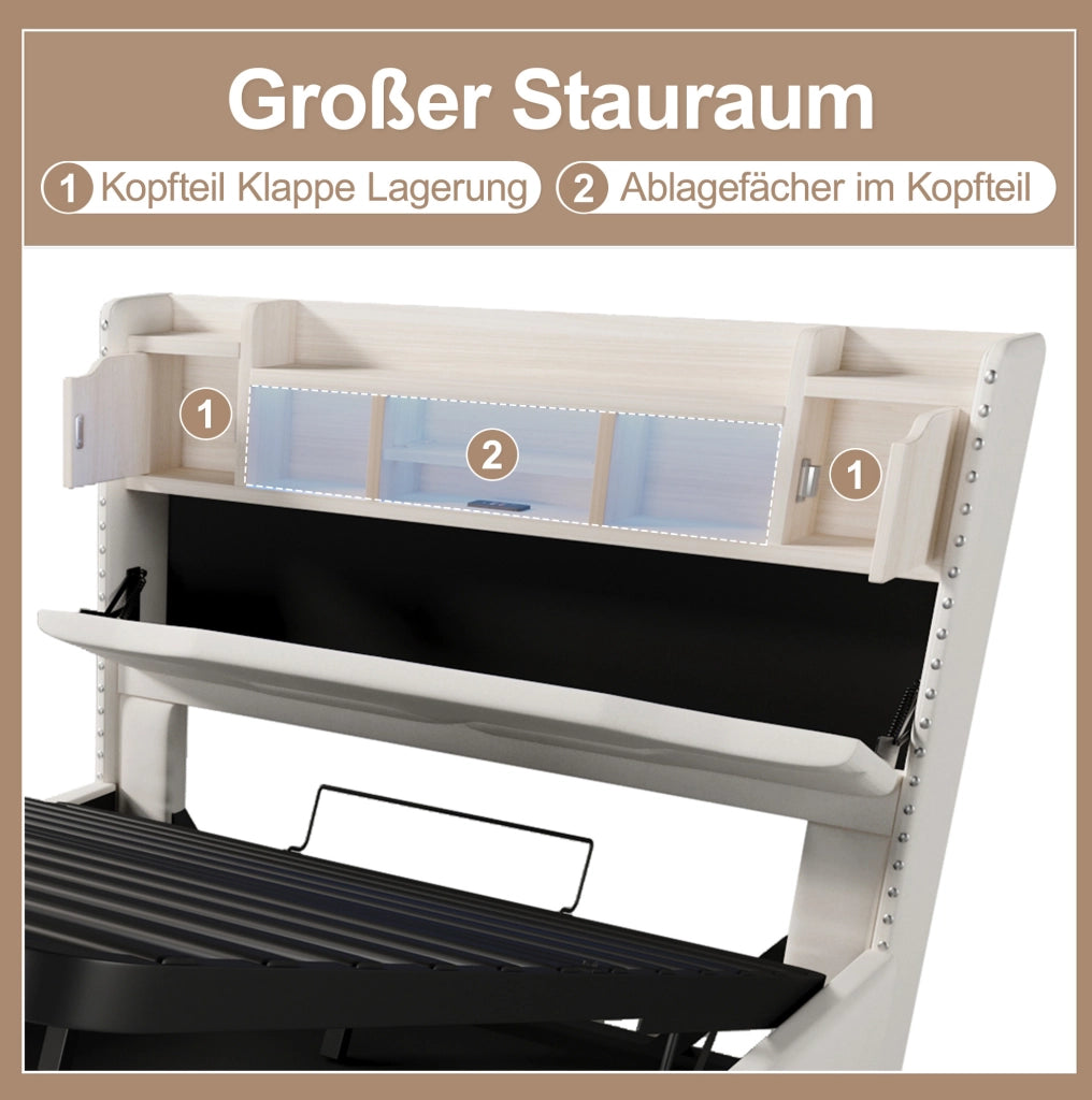 Letto imbottito 140x200 cm con contenitore idraulico e LED beige