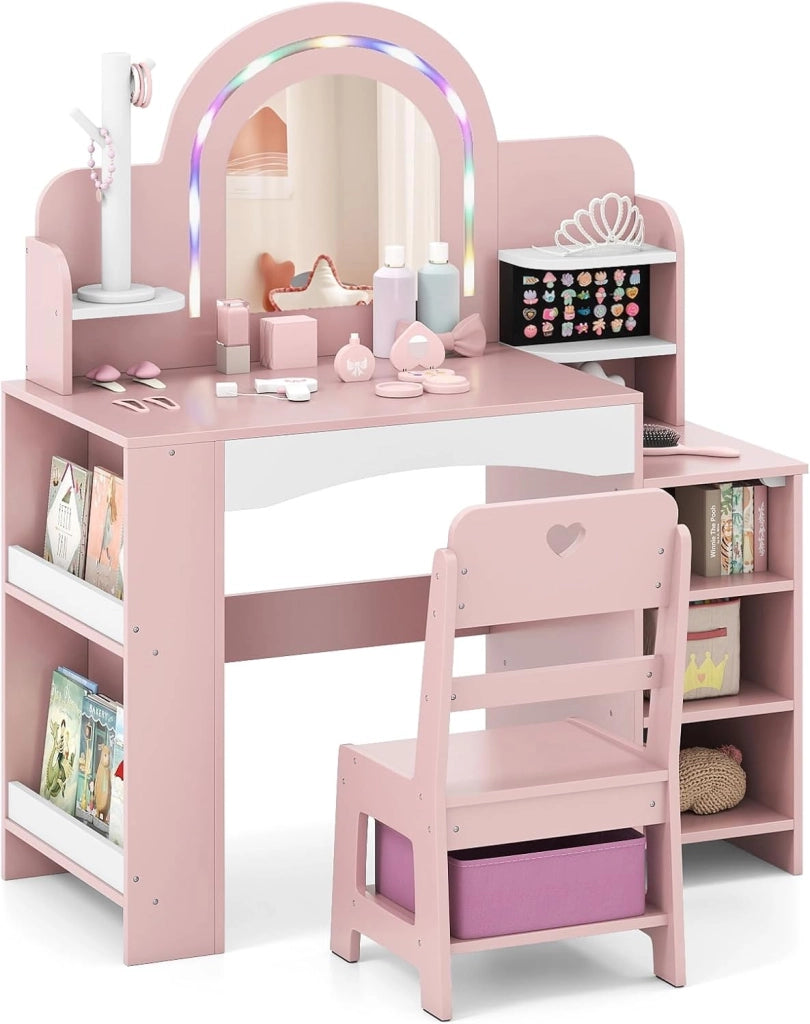 Toeletta Trucco per Bambina con Sgabello, Postazione Trucco con Luci, Scaffali a Vista, Prtagioielli, Libreria a 2 Ripiani e Contenitore in Tessuto, Ideale per Bambina 3+ Anni (Rosa)
